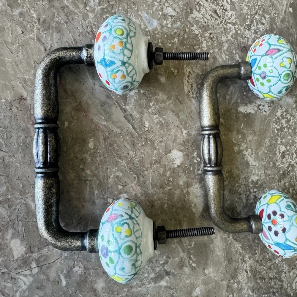 Lot 8 Hand Painted Ceramic & Brass Boho Colorful Cabinet / Drawer /Dresser Pulls